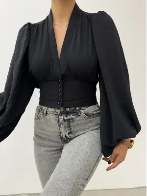 Düğmeli Arkası Lastikli Balon Kol Sandy Crop -Siyah