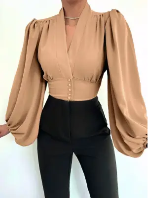 Düğmeli Arkası Lastikli Balon Kol Sandy Crop     -Vizon