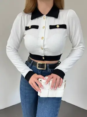 Omarı Modern Düğmeli Crop Hırka - Beyaz