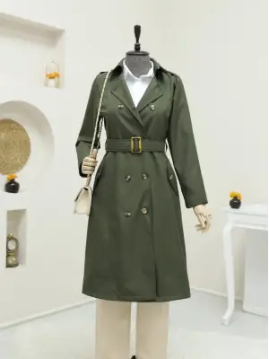 Düğmeli Kemerli Ara Boy Trençkot -Haki