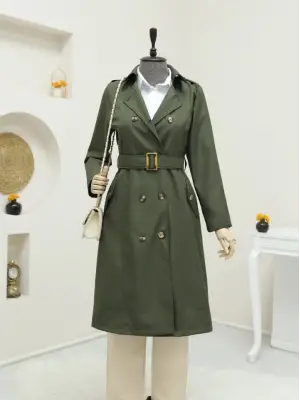 Omarı Haki Renkli Düğme Detaylı Ara Boy Trençkot