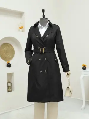 Omarı Siyah Düğmeli Ara Boy Trençkot