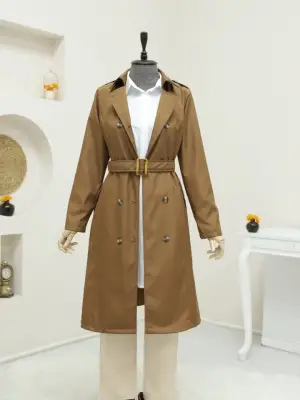 Omarı Şık Düğmeli Ara Boy Trençkot -Taba