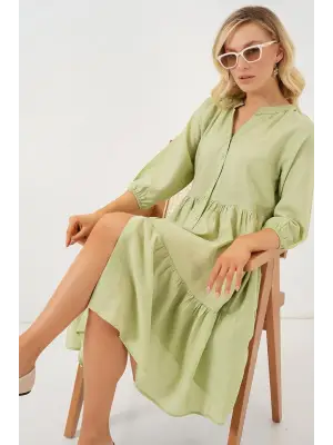 Düğmeli Kısa Kol Elbise 2559 - E.Yeşil