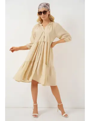 Düğmeli Kısa Kol Elbise 2559 - Krem