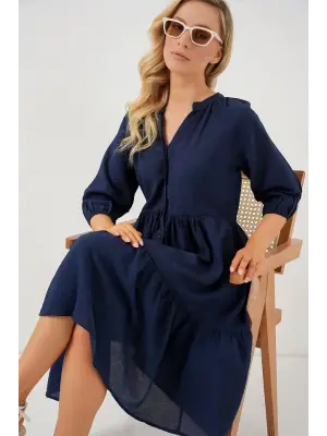 Düğmeli Kısa Kol Elbise 2559 - Lacivert