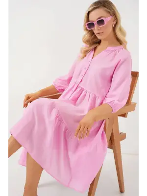 Düğmeli Kısa Kol Elbise 2559 - Pembe