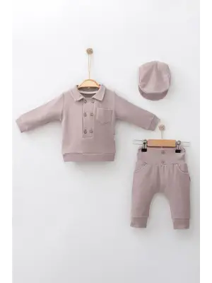 Düğmeli Lüx % 100 Pamuk Şapkalı 3lü Erkek Bebek Takım