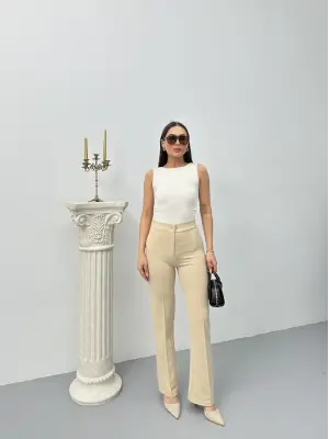 Düğmeli Palazzo pantolon bej p170091