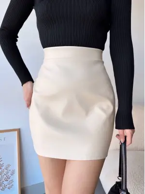 Düz deri etek bej h24468