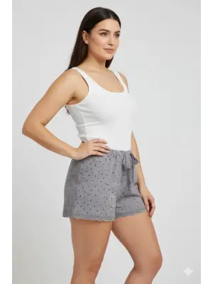 Düz Renk Mini Çiçek Desenli Penye Kadın Ev Şortu Bacak Dantel Detaylı Ev Giyim Gri
