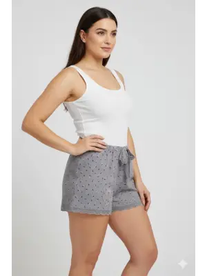 Düz Renk Mini Çiçek Desenli Penye Kadın Ev Şortu Bacak Dantel Detaylı Ev Giyim Gri