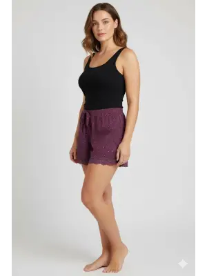 Düz Renk Mini Çiçek Desenli Penye Kadın Ev Şortu Gül Kurusu