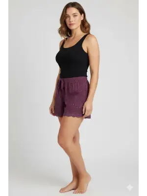 Düz Renk Mini Çiçek Desenli Penye Kadın Ev Şortu Bacak Dantel Detaylı Ev Giyim Gül Kurusu