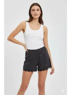 Siyah Düz Renk Mini Çiçek Desenli Penye Kadın Ev Şortu