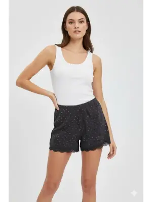 Düz Renk Mini Çiçek Desenli Penye Kadın Ev Şortu Bacak Dantel Detaylı Ev Giyim Siyah