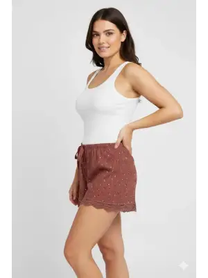 Düz Renk Mini Çiçek Desenli Penye Kadın Ev Şortu Bacak Dantel Detaylı Ev Giyim Taba