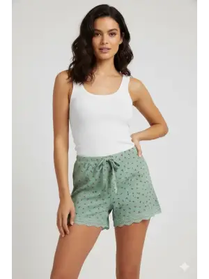 Düz Renk Mini Çiçek Desenli Penye Kadın Ev Şortu Bacak Dantel Detaylı Ev Giyim Yeşil