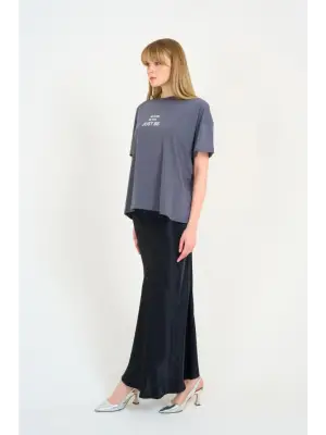 Düz Uzun Saten Etek - Siyah