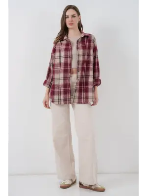 Ekose Desen Oversize Oduncu Gömlek 3854 Bordo