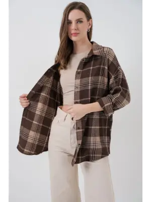 Ekose Desen Oversize Oduncu Gömlek 3854 Kahverengi
