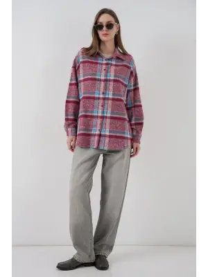 Ekose Desen Oversize Oduncu Gömlek 3854 Mor