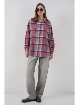 Ekose Desen Oversize Oduncu Gömlek 3854 Mor