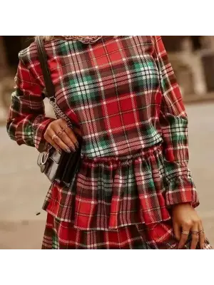 Omarı Ekose Desenli Dijital Baskılı Uzun Kollu Mini Elbise