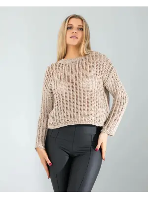 Omarı Ekru Simli Ajurlu Triko Kazak