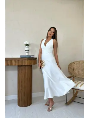 Ekru Atlas Göğüs Kuplu Elbise