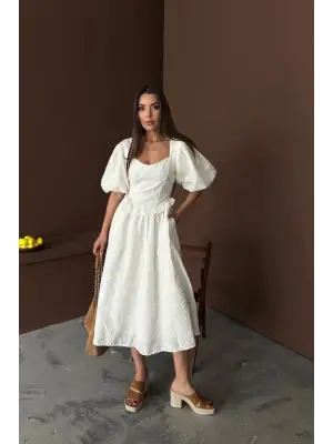 Ekru Balon Kollu Dantelli Brode Elbise