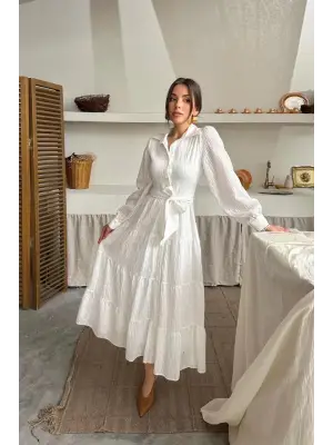 Ekru Çizgi Desenli Uzun Elbise