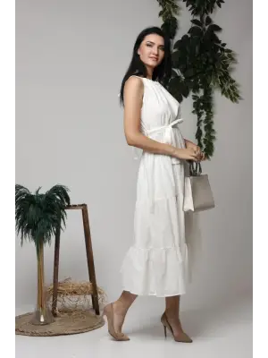 Ekru Halter Yakalı Kuşaklı Elbise