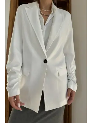 Ekru Kol Ucu Büzgülü Atlas Ceket