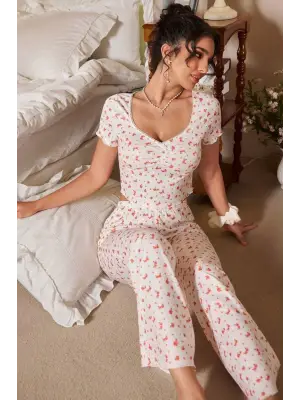 Ekru V Yaka Kısa Kollu Crop Pijama Takımı 7379