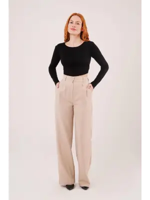Omarı Şık ve Rahat Bol Paça Bej Pantolon
