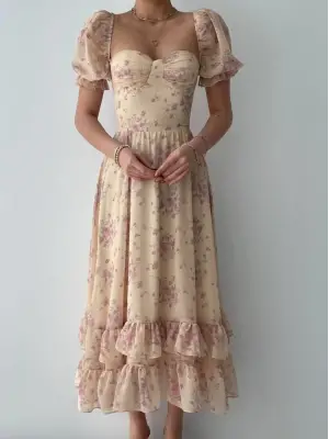 Omarı Zarif Şifon Desenli Elbise