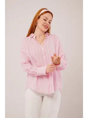 Omarı Şık Çizgili Pembe Gömlek