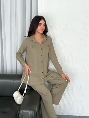 Omarı Şık Yakalı Uzun Kollu Pantolon Takımı - Bej