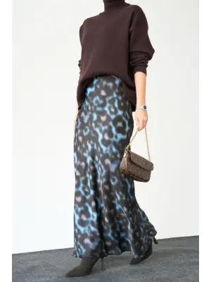 Omarı Zarif Saten Uzun Etek - Siyah ve Mavi