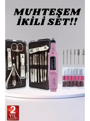 Elektrikli Manikür Pedikür Seti İkili Set 12 Parça Tırnak Bakımı Törpü Protez Çıkarma