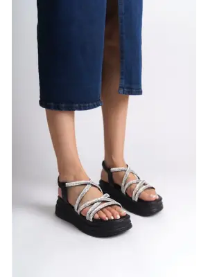 Siyah Lastikli Taşlı Şeritli Rahat Tabanlı Ayakkabı Kadın Sandalet