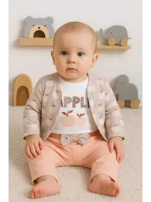 Elma Desenli Ceketli 3lü Kız Bebek Takımı