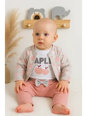 Elma Desenli Ceketli 3lü Kız Bebek Takımı