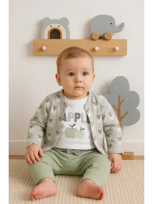 Elma Desenli Ceketli 3lü Kız Bebek Takımı