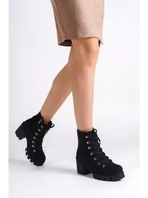 Rahat Tabanlı Bağcıklı Süet Bayan Bot - Siyah