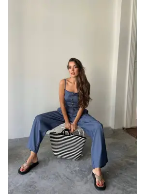 Omarı İndigo Şalvar Pantolon ve Crop Askılı Bluz Kombini