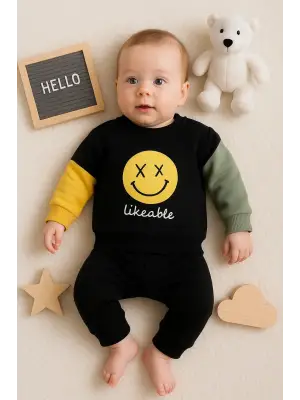 Erkek Bebek Emoji Baskılı Takım % 100 Pamuk