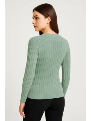 Erkek Bisiklet Yuvarlak Yaka Triko Kazak Pamuklu Kalın Fitilli Dokuma, Regular Fit Uzun Kollu Kışlık Model - Mint Yeşili