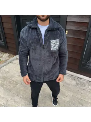 Erkek Polar Fermuarlı Sweatshirt – Kapüşonsuz, Cepli, Yumuşak Dokulu, Oversize Rahat Kalıp, Kışlık Sıcak Tutan Fermuarlı Üst - Füme
